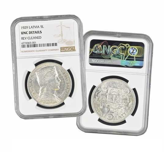 Монета 5 Лат 1929 Латвія Слаб NGC UNC