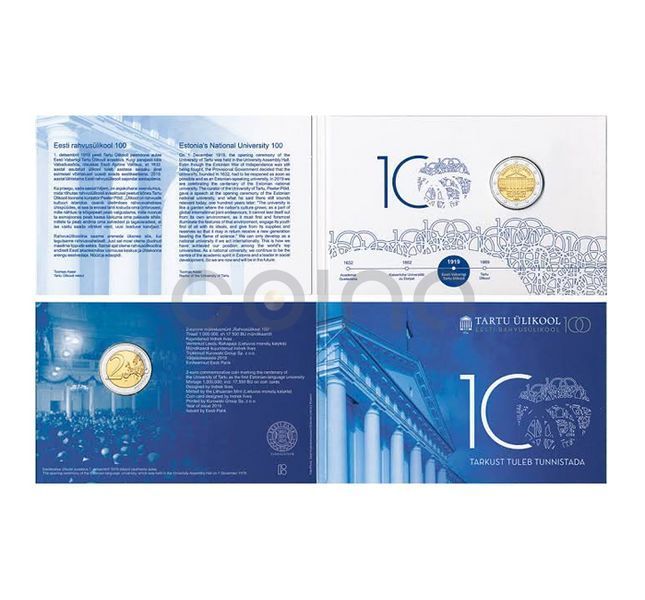 Монета 2 евро 2019 Эстония - 100-летие Тартуского университета (BU coincard) 19960 фото
