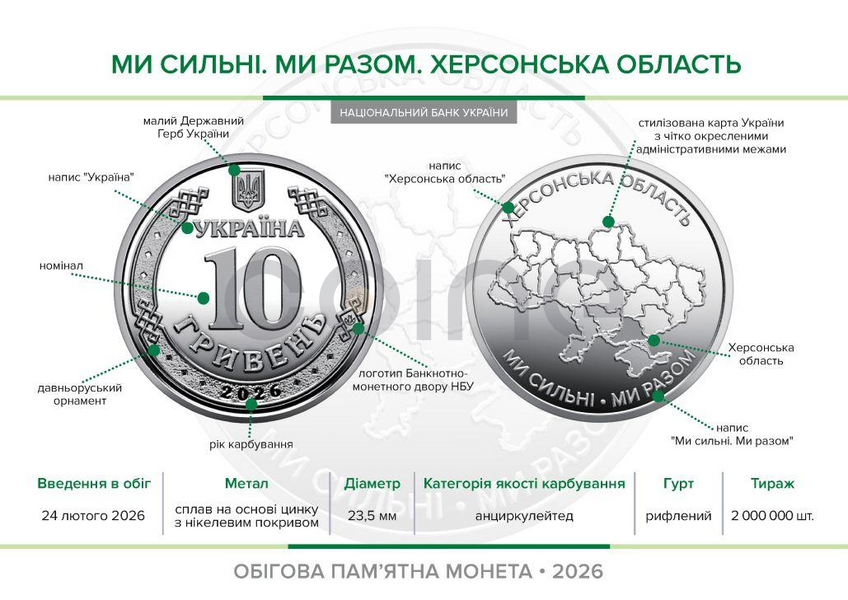 Монета 10 гривень 2026 Україна "Ми сильні. Ми разом. Херсонська область" CU2142 фото