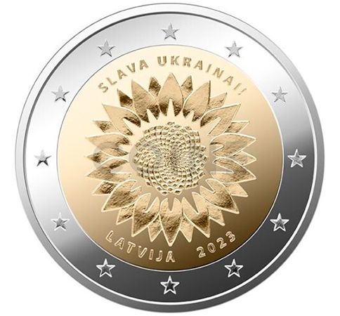 Монета 2 Євро 2023 Латвія - Соняшник для України (BU Coincard) 31064  фото