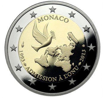 Монета 2 Євро 2013 Монако - 20-та річниця членства в ООН 1993&ndash;2013 (Proof, без капсули) 35175 фото