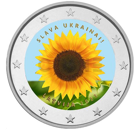 Latvia 2 Euro 2023 - Sunflower for Ukraine (сolored series)