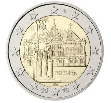 Монета 2 Євро 2010 Німеччина - Ратуша та Роланд" (знаки монетного двору A D F G J) &ndash; F 20476 фото