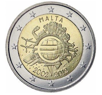 Монета 2 Євро 2012 Мальта - 10 років євро 1386 фото