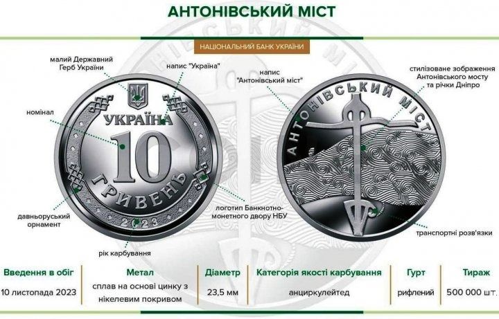 10 UAH coin 2023 Ukraine "Antonivskyi Bridge"